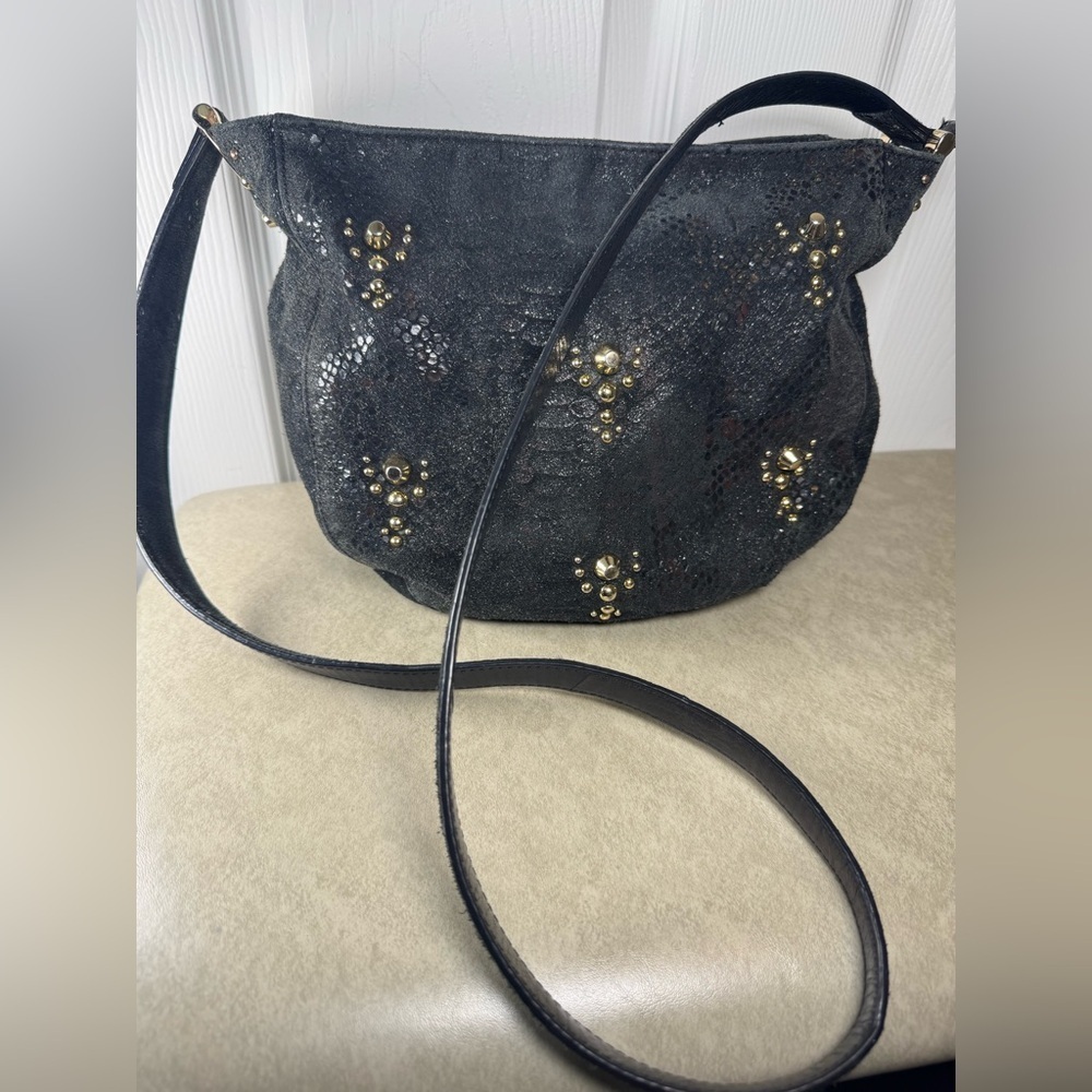 Juicy Couture Studded Sheep Skin Leather Snake Print Cross Body Black Purse Gold